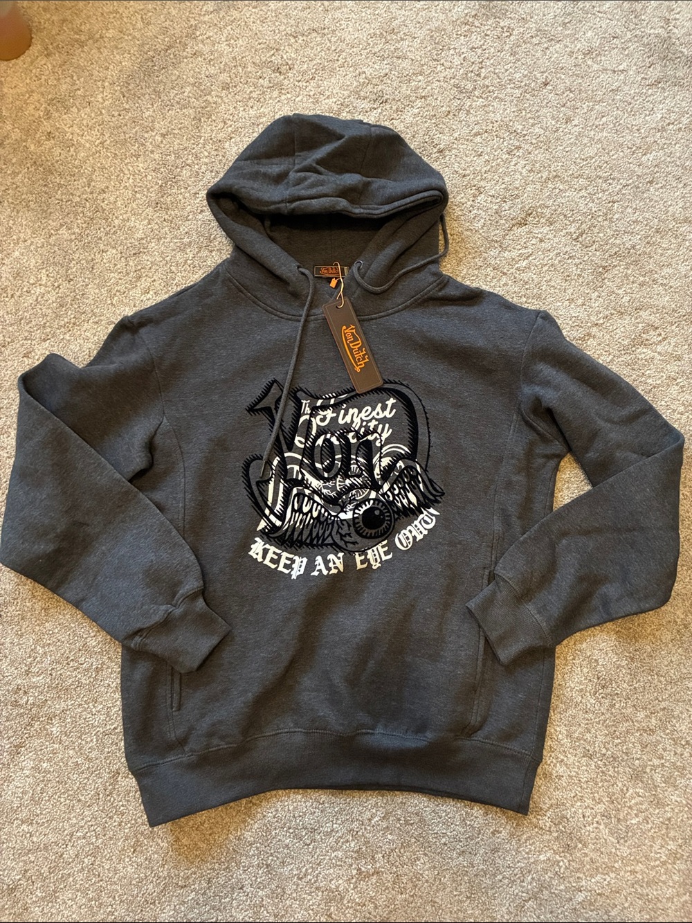 Von Dutch Dark Heathered Gray Graphic Hooded Sweatshirt with White Print